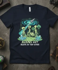 Aliens Don't Believe In You Either t-shirt design featuring cartoon aliens, a rocket, and crystals with a galaxy background