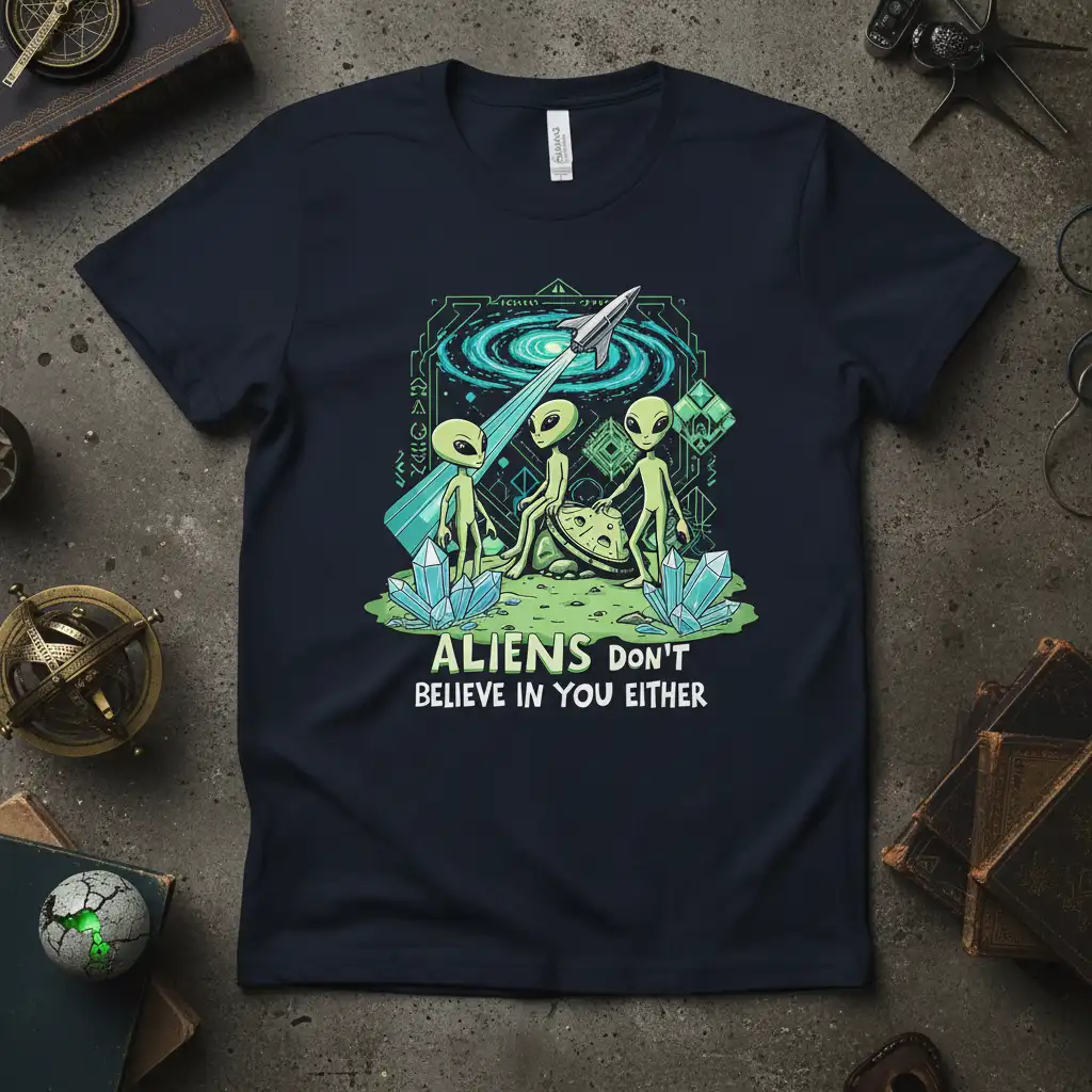 Humorous Aliens Don't Believe In You Either quote with cartoon aliens, rocket, and space galaxy graphic on a t-shirt