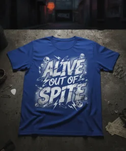 Alive Out Of Spite graphic t-shirt with distressed white lettering and skull accents