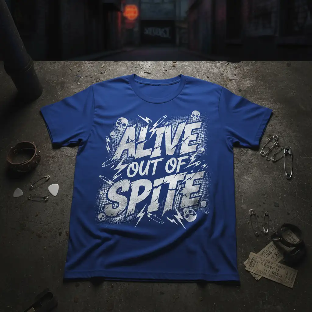Alive Out Of Spite bold distressed typography t-shirt design with skull accents