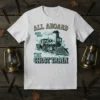 All Aboard The Ghost Train text with a vintage steam train graphic and Boo Boo! on a white t-shirt