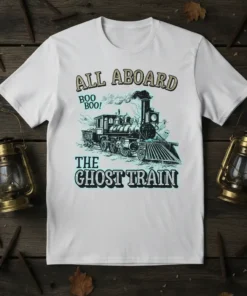 All Aboard The Ghost Train text with a vintage steam train graphic and Boo Boo! on a white t-shirt