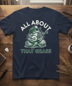 All About That Grass t-shirt design featuring a frog wearing a cowboy hat playing a banjo while sitting on a