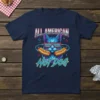 All American Hot Dog Cat T-Shirt with retro sunglasses and hot dogs, featuring bold typography and vibrant colors