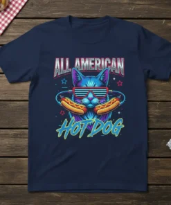 All American Hot Dog Cat T-Shirt with retro sunglasses and hot dogs, featuring bold typography and vibrant colors