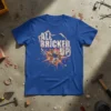 ALL BRICKED UP text design with breaking bricks graphic on a blue t-shirt