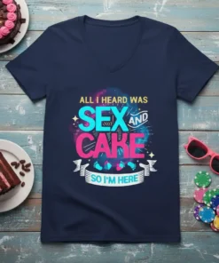 T-shirt with "All I Heard Was Sex And Cake So I'm Here" text, featuring colorful galaxy background and baby footprints