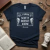 T-shirt with white text "ALL I KNOW IS SCOTTY DOESN'T KNOW - Socrates" and portraits of Socrates