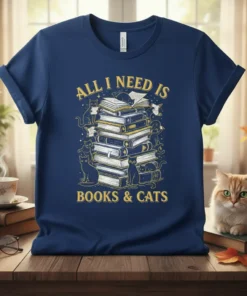 All I Need Is Books & Cats text design on a navy blue t-shirt, featuring a stack of books with