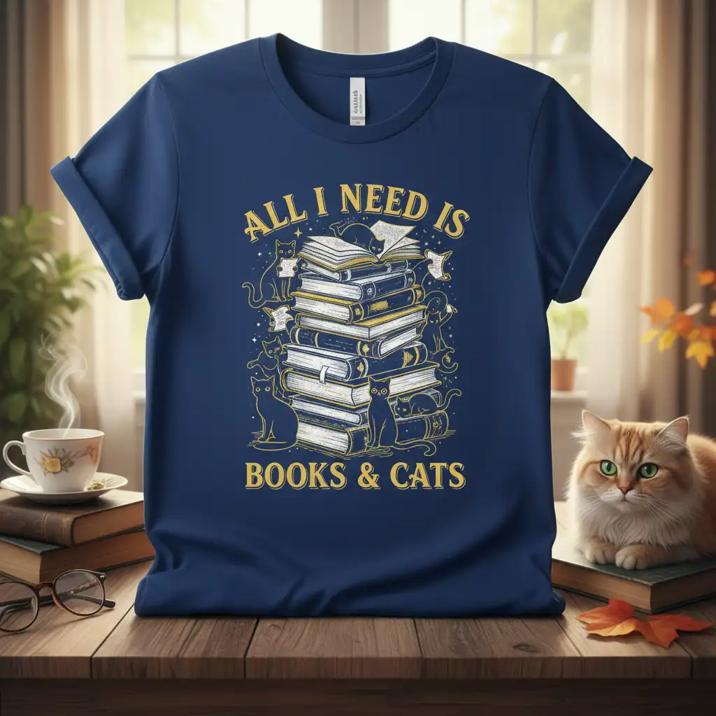 All I Need Is Books & Cats quote with a stack of books and cats on a navy t-shirt design