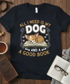 All I Need Is My Dog And A Good Book text with sleeping chihuahua on a book graphic
