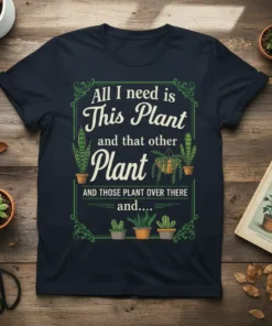 Navy t-shirt with "All I need is This Plant and that other Plant AND THOSE PLANT OVER THERE and...." text