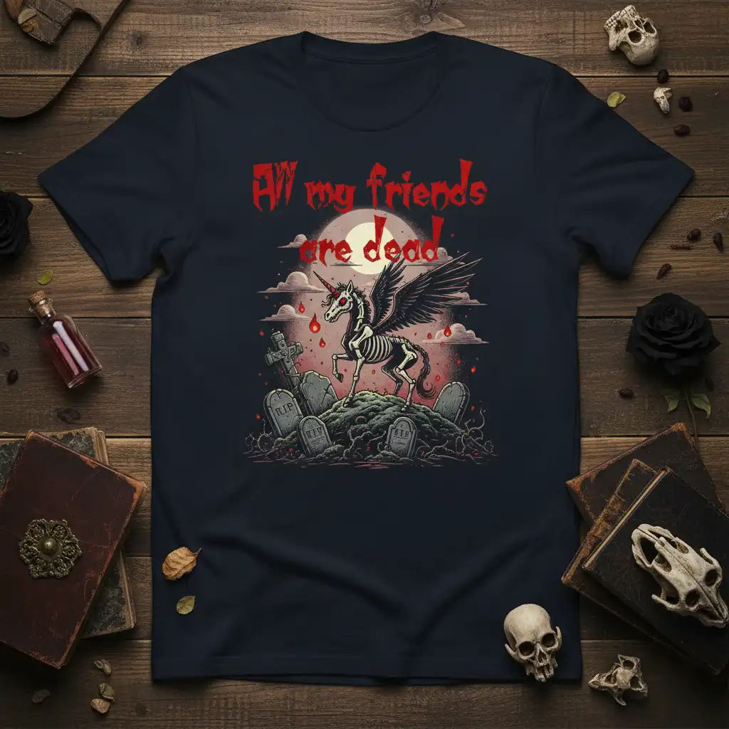 All My Friends Are Dead quote on tee with skeleton pegasus in spooky graveyard