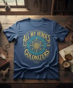 Navy blue t-shirt with gold and teal text "All My Heroes Fight Colonizers" in a circular design, featuring a central