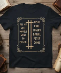 Christian t-shirt featuring the quote "All My Role Models Went To Prison" alongside biblical names Jesus, Paul, Joseph, Daniel, Peter