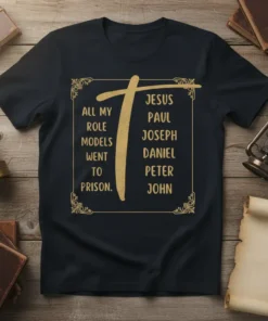 Christian t-shirt with text "All My Role Models Went To Prison" and a list of biblical figures including Jesus, Paul