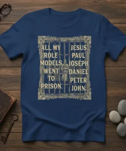 Navy blue t-shirt with text "All My Role Models Went To Prison Jesus Paul Joseph Daniel Peter John" in vintage