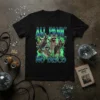 All Panic No Disco t-shirt with four raccoons dancing and text in green and blue retro font
