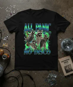 All Panic No Disco t-shirt with four raccoons dancing and text in green and blue retro font