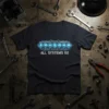 Black t-shirt with "ALL SYSTEMS GO" text and a graphic of numbered engine cylinders