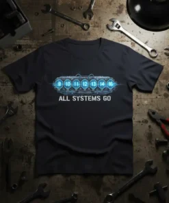 Black t-shirt with "ALL SYSTEMS GO" text and a graphic of numbered engine cylinders