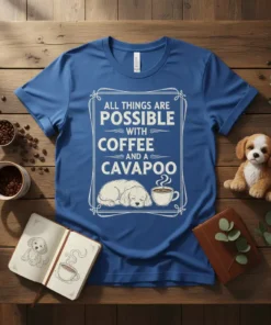 T-shirt with the text "All Things Are Possible With Coffee And A Cavapoo" and a sleeping Cavapoo graphic