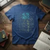 T-shirt with "ALL YOU NEED IS LOVE" text surrounded by mathematical formulas and geometric shapes in blue and yellow