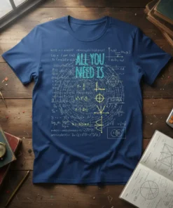 T-shirt with "ALL YOU NEED IS LOVE" text surrounded by mathematical formulas and geometric shapes in blue and yellow
