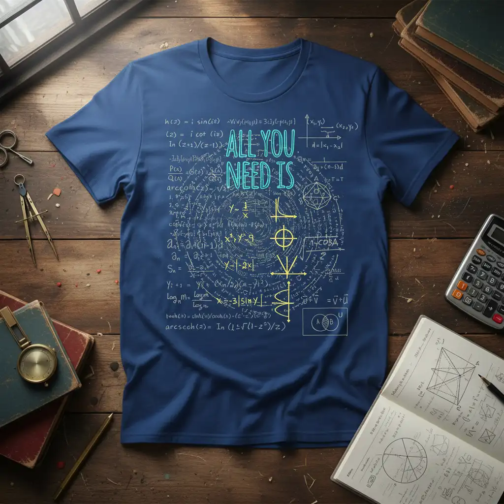 ALL YOU NEED IS LOVE text with detailed math equations and geometric symbols, math teacher gift tee