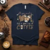 Navy t-shirt with "all you need is LOVE and a good cup of COFFEE" text and leopard print accents