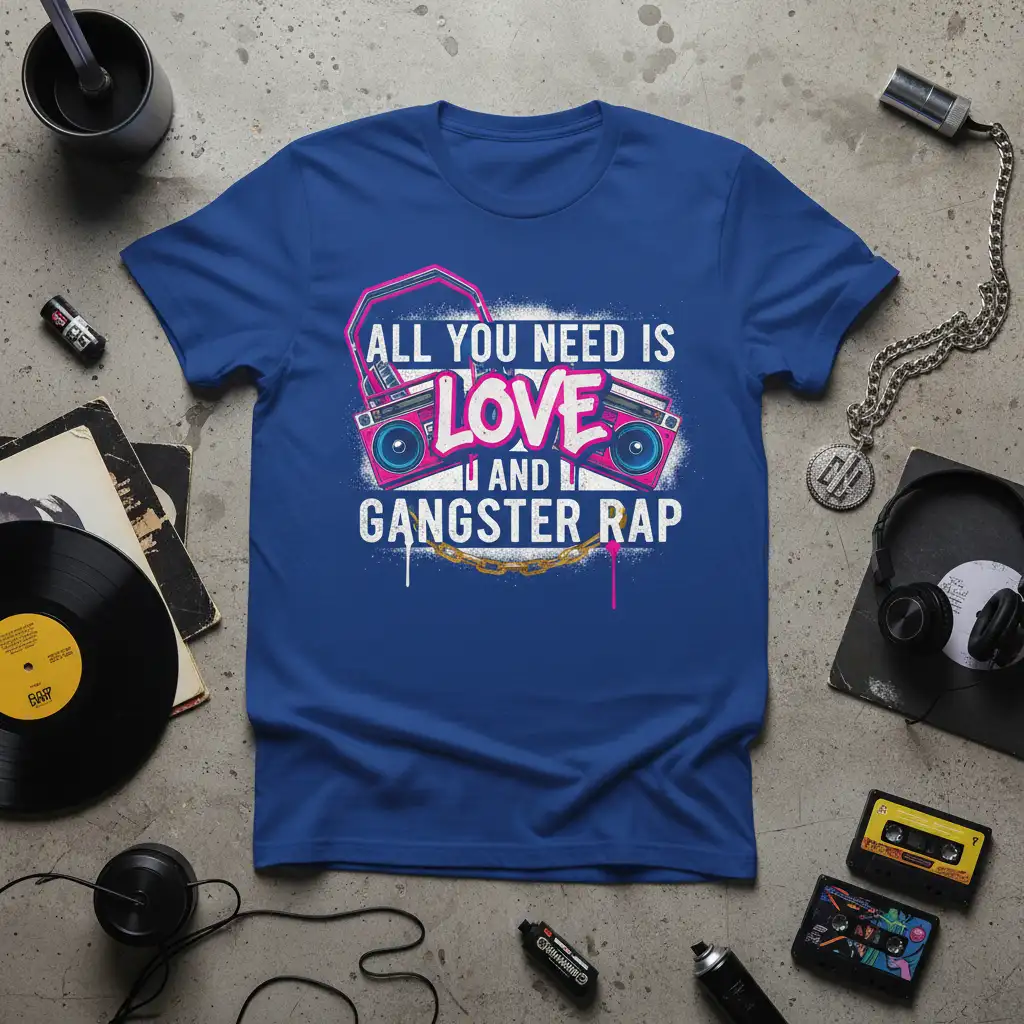 ALL YOU NEED IS LOVE AND GANGSTER RAP quote with retro boombox graphic on a blue t-shirt