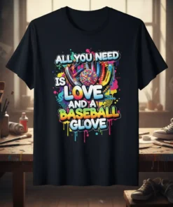 Vibrant "All You Need Is Love And A Baseball Glove" text design with baseball glove and ball graphic