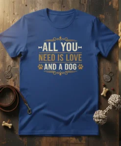 T-shirt with the text "ALL YOU NEED IS LOVE AND A DOG" in decorative golden and white typography, featuring paw
