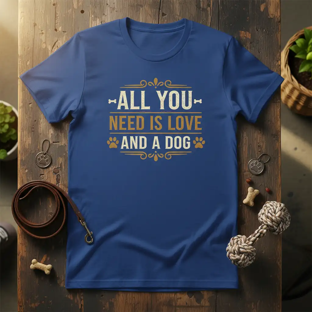 All You Need Is Love And A Dog quote tee with paw print graphics and decorative borders