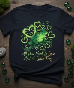All You Need Is Love And A Little Frog text with a cute frog and green hearts graphic on a