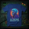 All Your Base Are Belong To Us retro gaming quote t-shirt with a cyberpunk cyborg design
