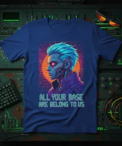 All Your Base Are Belong To Us retro gaming quote t-shirt with a cyberpunk cyborg design