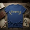 Blue t-shirt with the word "Allegedly." in gold gothic font, framed by gold feather graphics