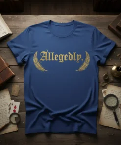 Blue t-shirt with the word "Allegedly." in gold gothic font, framed by gold feather graphics