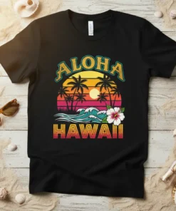 Retro Aloha Hawaii t-shirt design with a sunset, palm trees, ocean waves, and hibiscus flower