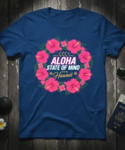 Aloha State of Mind Hawaii t-shirt with pink hibiscus wreath and tropical floral design