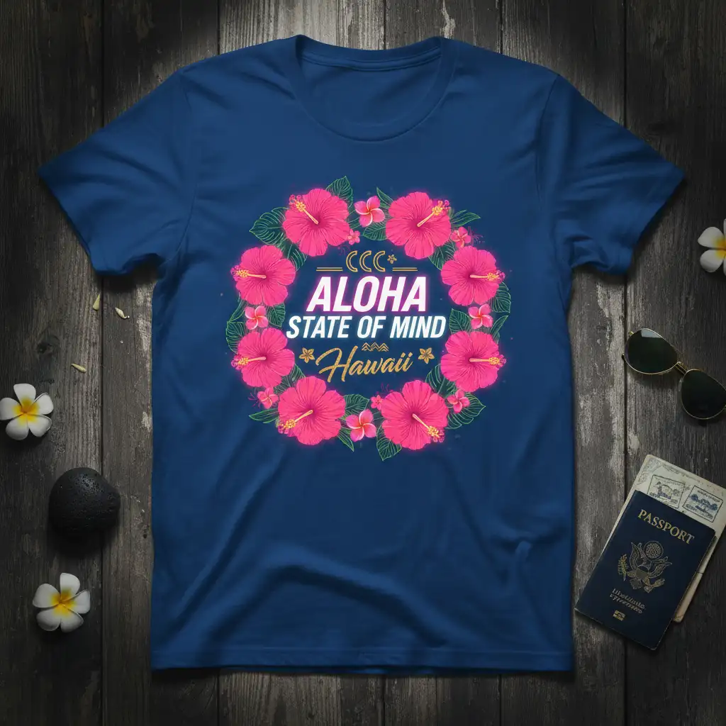 Aloha State of Mind Hawaii text design with pink hibiscus wreath, evoking tropical vacation vibes
