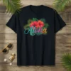Aloha text with red hibiscus flowers and green palm leaves on a black t-shirt, tropical vacation design