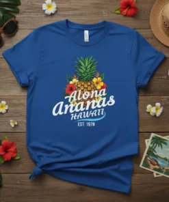 Alona Ananas HAWAII EST. 1978 T-Shirt featuring a pineapple with tropical flowers and retro font