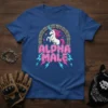 Alpha Male Unicorn T-Shirt featuring a white unicorn with a pink mane inside a stone archway, text says Alpha Male