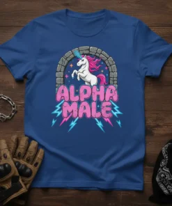 Alpha Male Unicorn T-Shirt featuring a white unicorn with a pink mane inside a stone archway, text says Alpha Male