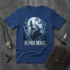Alpha Male text design with a howling wolf and moon on a blue t-shirt