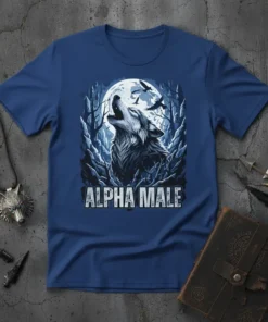 Alpha Male text design with a howling wolf and moon on a blue t-shirt
