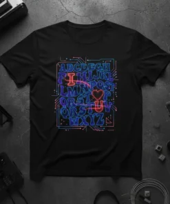 Full alphabet ABCDEFGHIJKLMNOPQRSTUVWXYZ in neon blue and pink on a black t-shirt, retro tech design