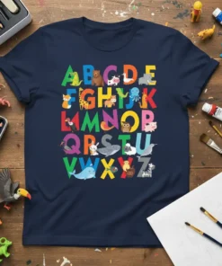 Alphabet Animals ABCDEFG T-Shirt with colorful letters and corresponding animal graphics for kids learning the alphabet